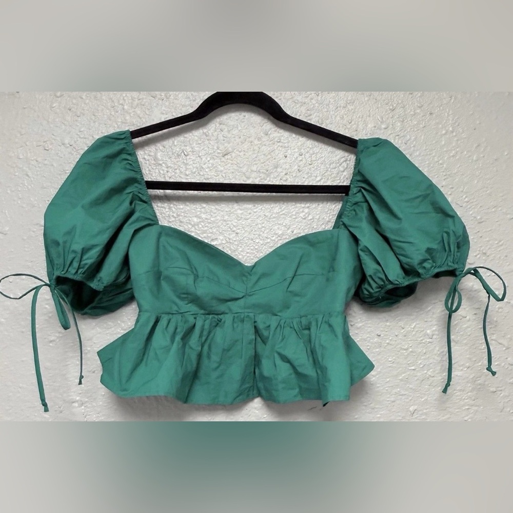 Prairie Coquette 100% Cotton Crop Top Green Balloon Sleeve M Smocked Back Blouse